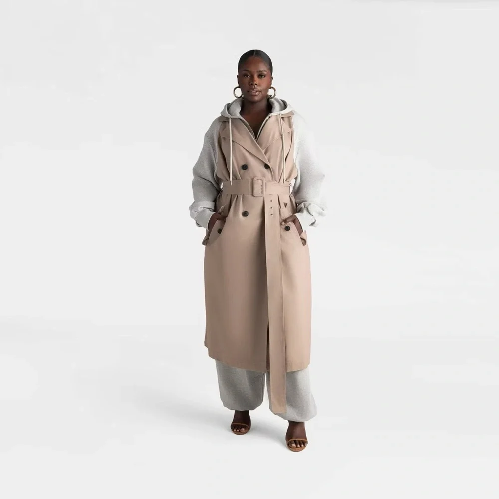 KBB by KAHLANA Women's 'The Sweatshirt Trench Coat' - Khaki/Heather Gray M New - Picture 3 of 5